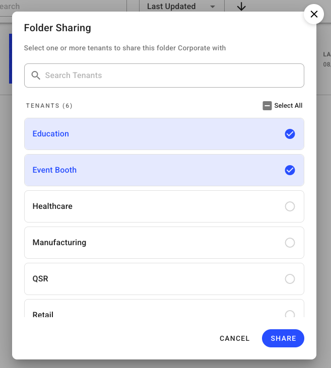 Folder sharing options with selected tenants for corporate collaboration and event participation.